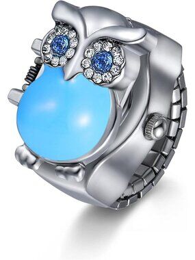 Unisex Blue Analog Quartz Stylish Owl Flip-Open Cover Adjustable Ring Watch